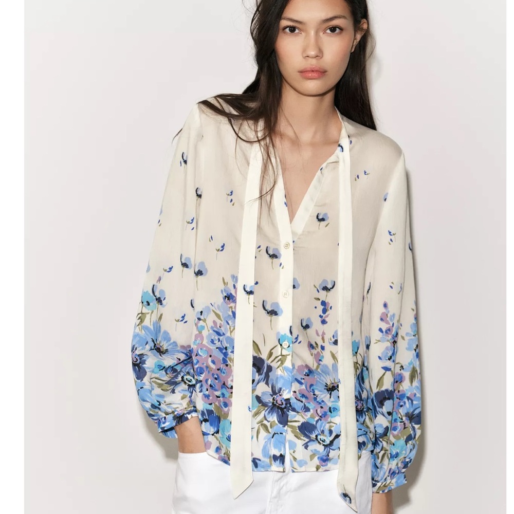 Zara ZW COLLECTION PRINT BLOUSE WITH TIE